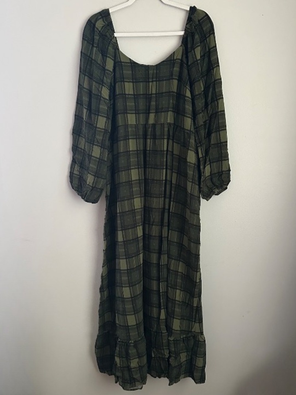 3X Green plaid long sleeve maxi dress smocked women’s 3xl fall tartan